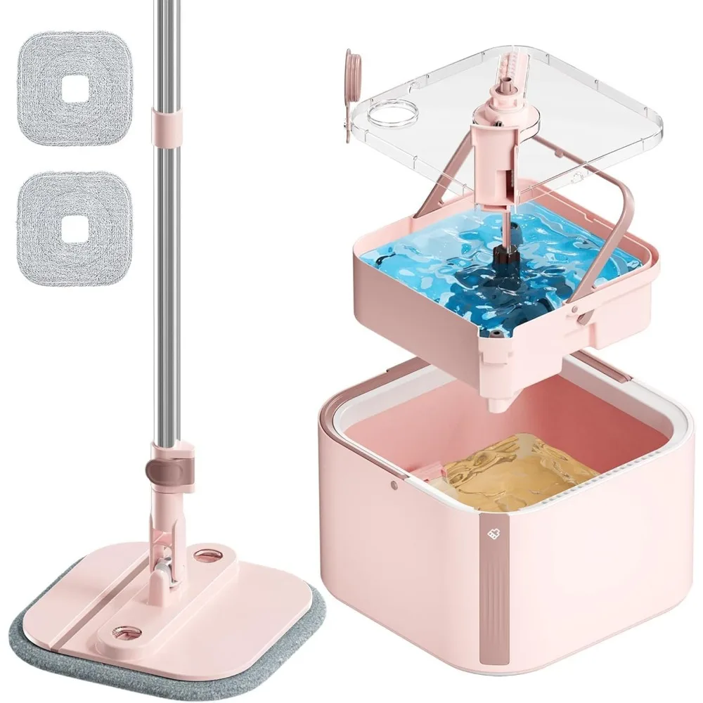 

Foldable Spin Mop Set with Self-Separating Clean/Dirty Water, Microfiber Pads, Adjustable Handle (Pink)