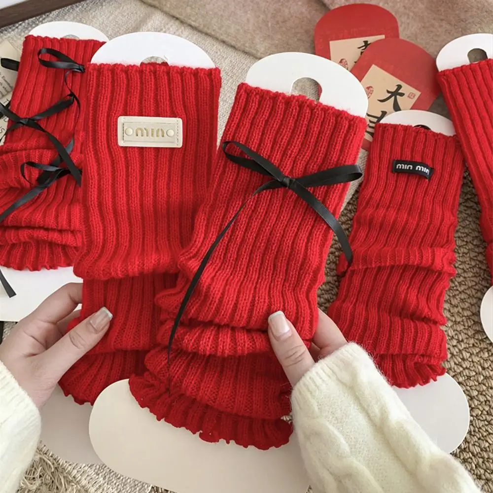 Fashion Japanese New Year Red Socks Lolita Y2k Christmas Knee Socks Ballet Warm Bow Knitted Leg Socks Boot Cuffs