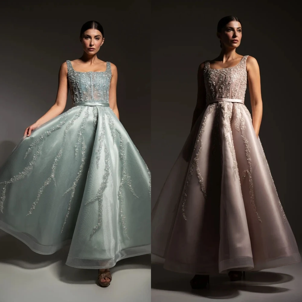 

Organza Applique Sequined Beading Ruched Engagement A-line Square Neck Bespoke Occasion Gown Midi Dresses