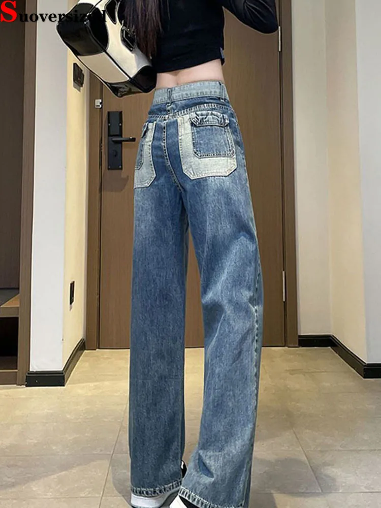 

Patchwork Fashion Wide Leg Jeans Women's Casual Straight High Waisted Baggy Vaqueros Vintage Loose Streetwear Denim Pants