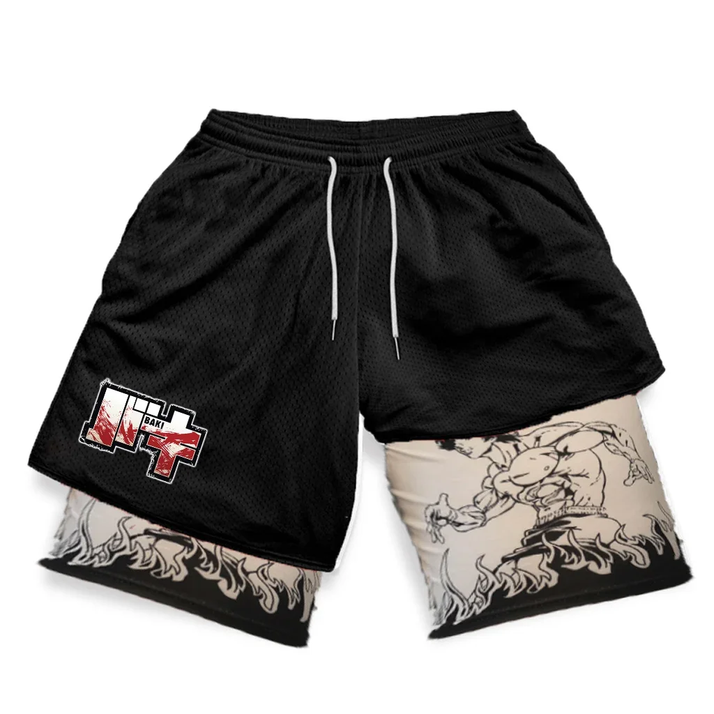 Baki Hanma Anime Gym Shorts Men Manga 3D Print 2 in 1 Performance Shorts Workout Quick Dry Sports Compression Short Pants Summer