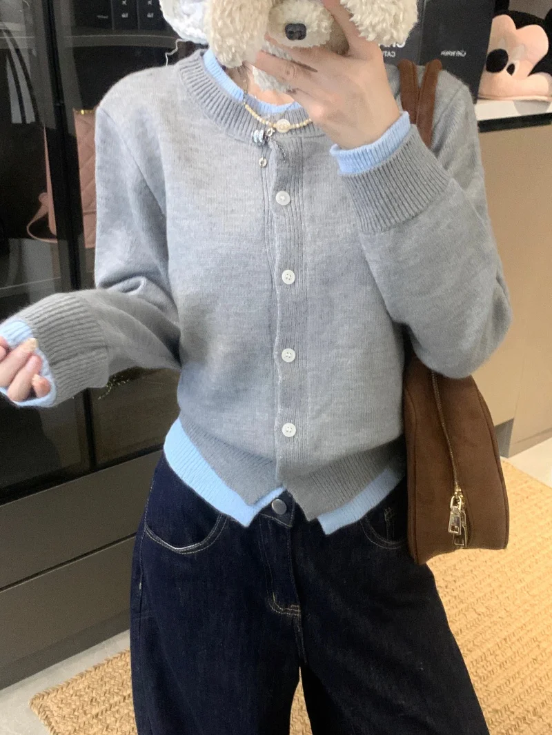 

ay Knitted round Ne Open Cardigan Women's Early Autumn Korean Sle Gentle Outerwear Sweater Jaet Single Button Design