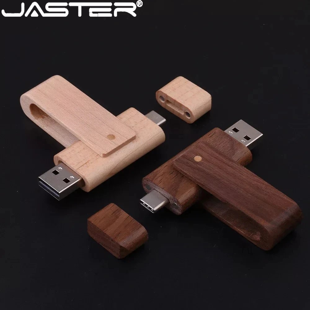 

JASTER TYPE-C 2 in 1 USB Flash Drives 128GB Maple Wood Rotatable Pen Drive 64GB High Speed Memory Stick 32GB 16GB Creative Gift