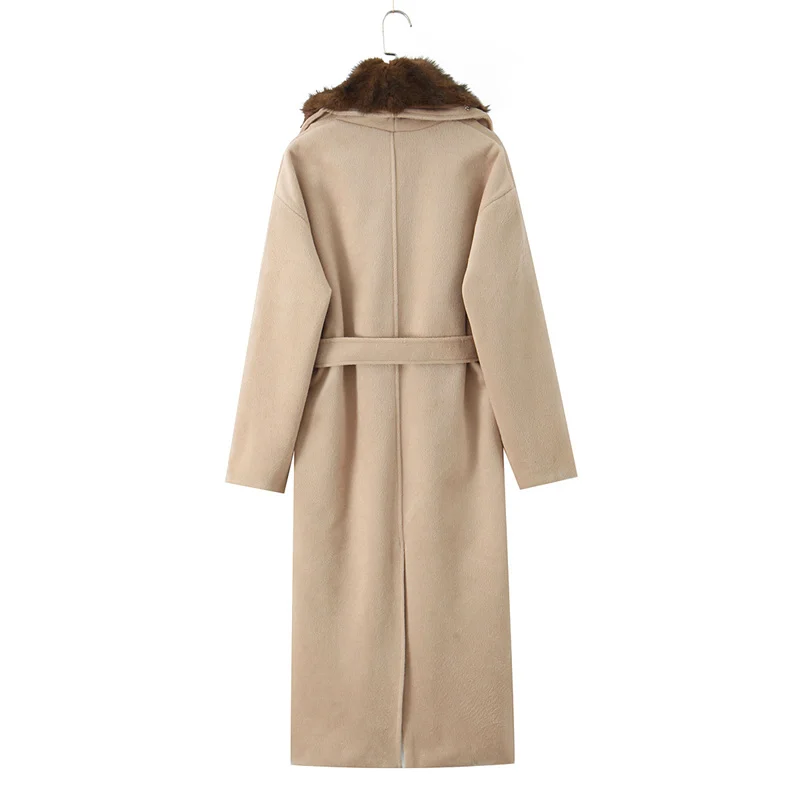 Женское пальто, зима 2025 года, новый стиль, хаки, длинное пальто из искусственного меха с длинными рукавами и большим меховым воротником, элегантное и модное