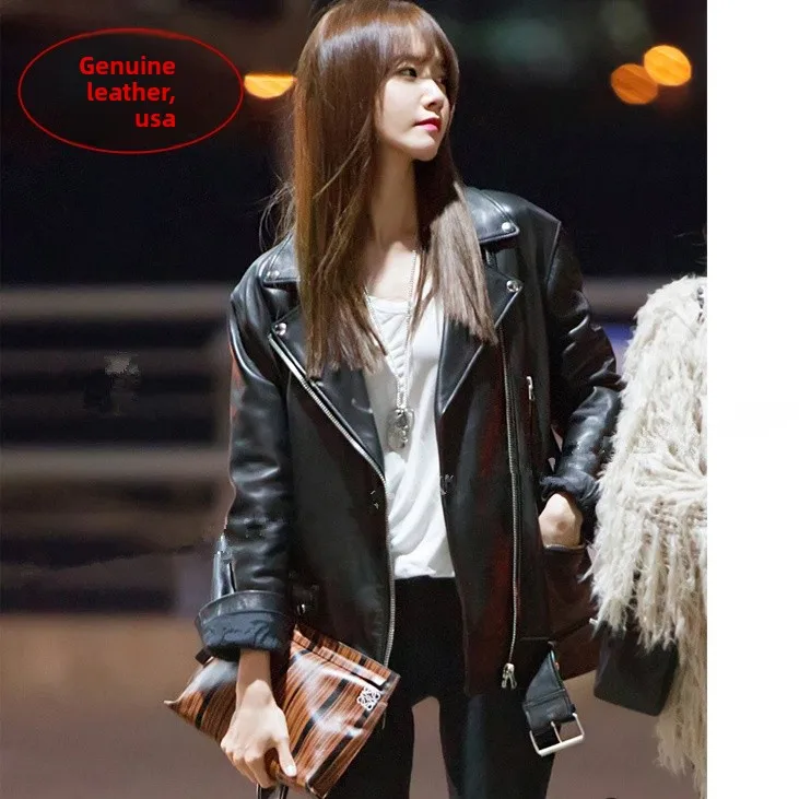 Oversize Loose Motorcycle Jacket Women's Genuine Leather Coat Boyfriend Style Slimming Shape Asymmetrical Long Sleeve Zipper