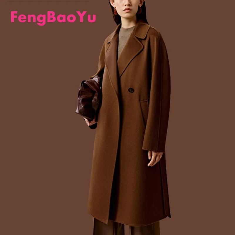 

Fengbaoyu Autumn and Winter Ladies 100% Cashmere Double-sided Long Hepburn High-end Wool Mid-length Coat Elegant Luxury Clothing