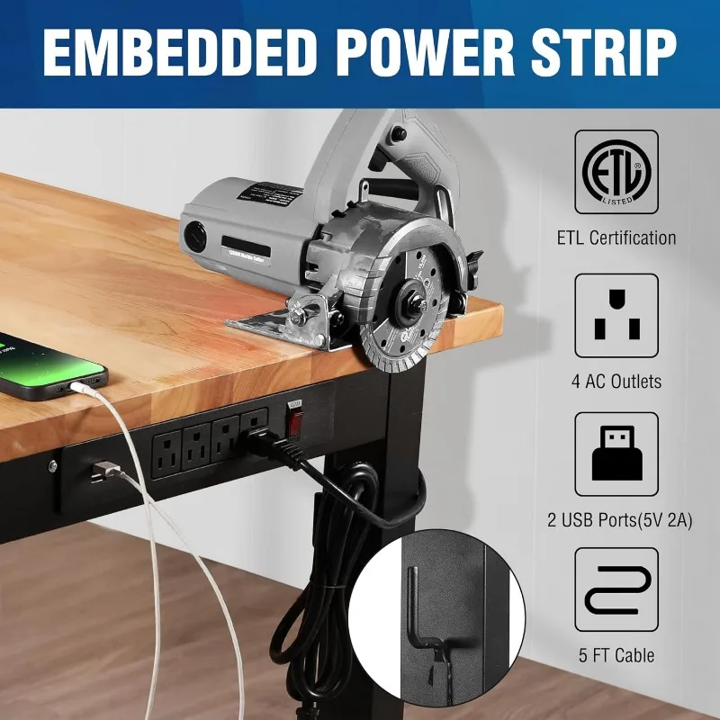 WORKPRO Adjustable Garage Workbench, 48"x22" Rubber Wood Top Heavy-Duty Work Desk with Power Outlets, Leveling Foot, 5 Heights
