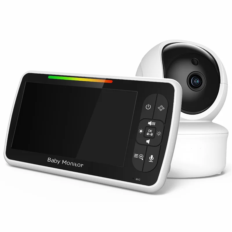 New 5 Inch Lullabies Video Baby Monitor with Camera and Audio Remote Pan-Tilt-Zoom 2-Way Audio Temperature Sensor EU Plug