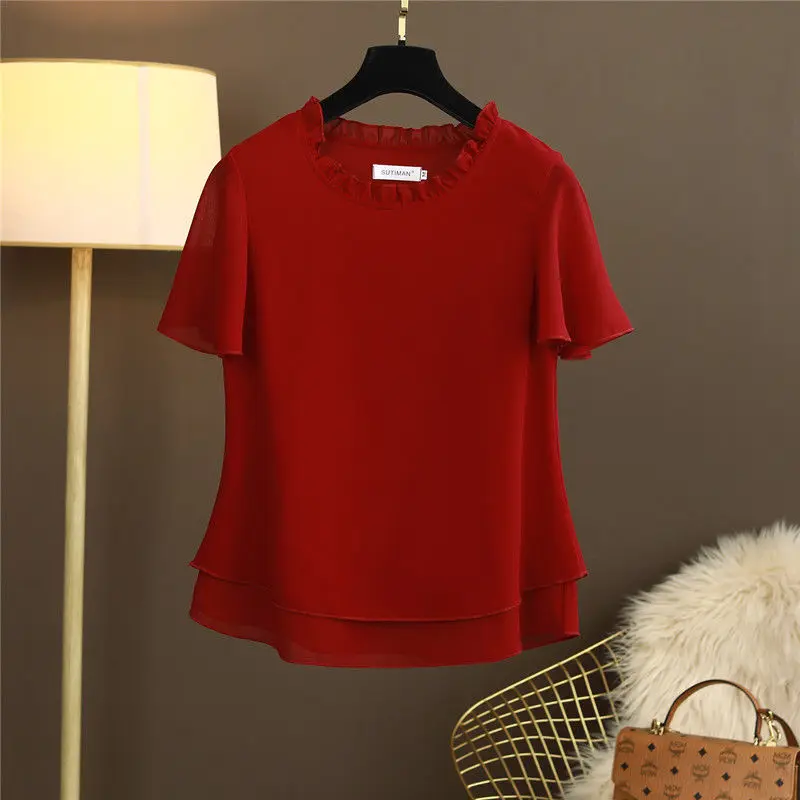 Solid Color Summer Casual Chiffon Ladies Tops Simplicity Short Sleeve All-match Pullovers Women\'s Clothing Irregular T-Shirts