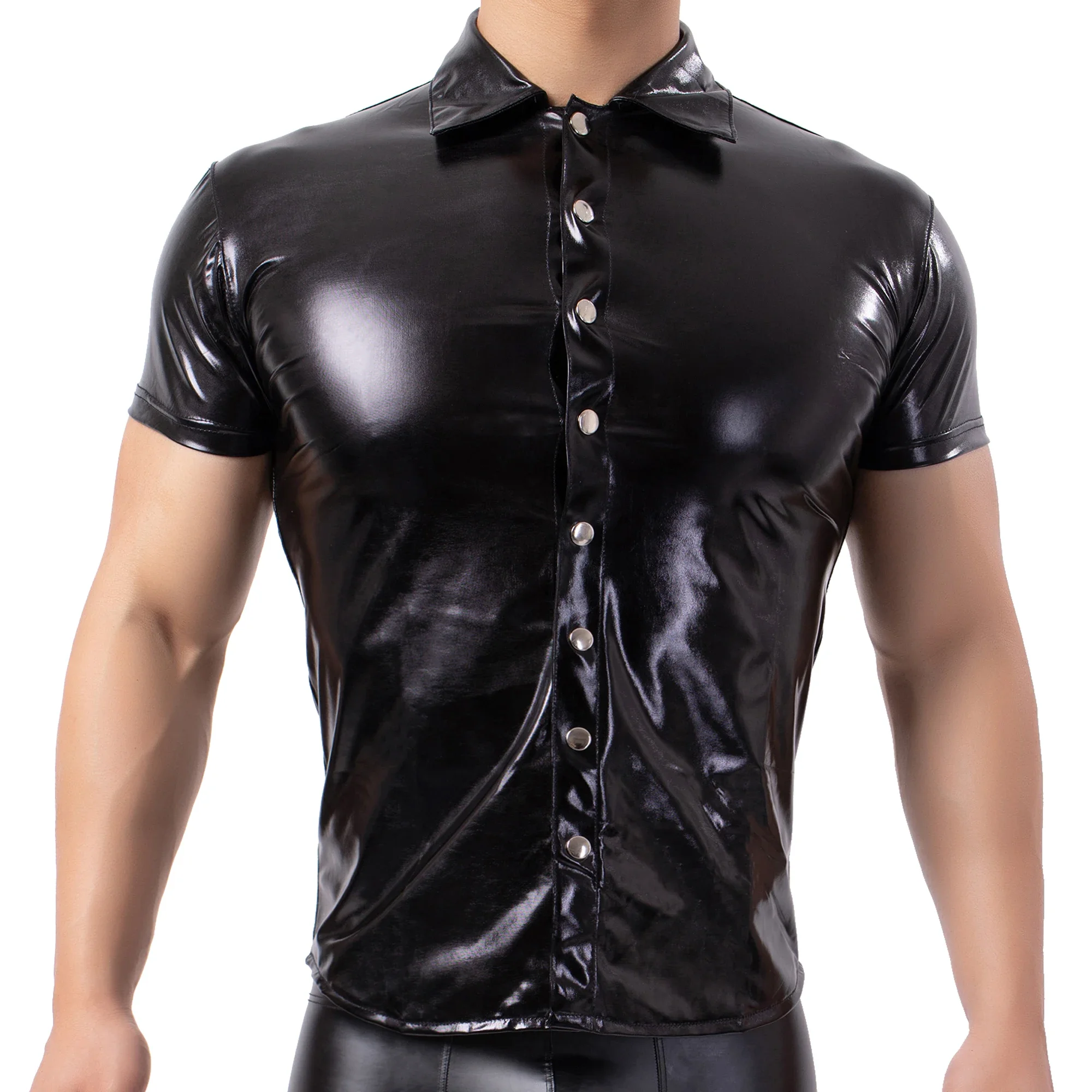 

Mens Sexy T-Shirt Patent Leather Short-sleeved Shirt Erotic Shaping Sheath Shirt Latex Tops Metal Button Wet Look Dance Clubwear