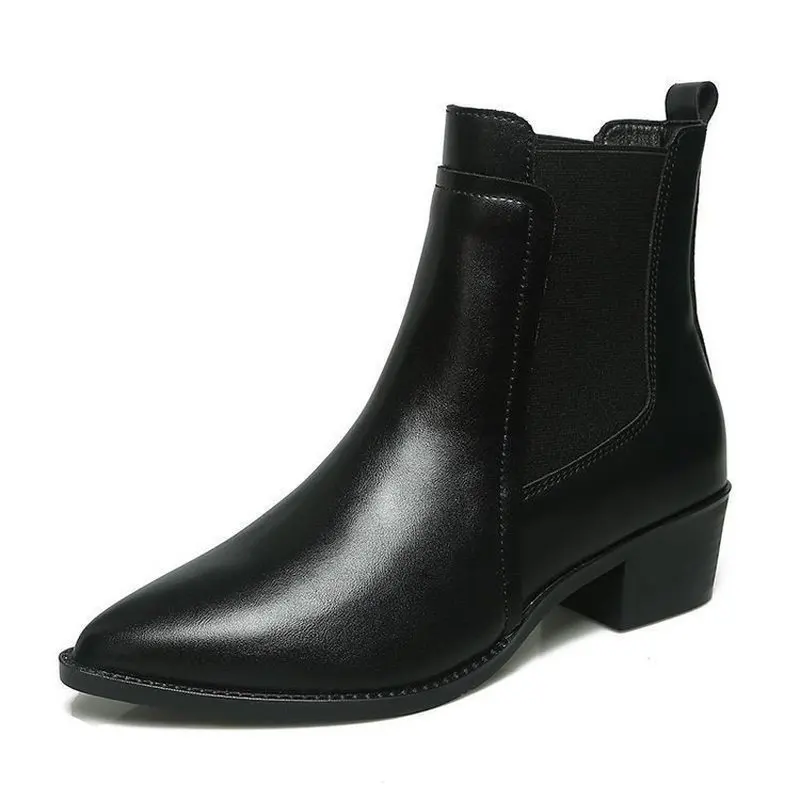 Damen Winterstiefel mit Fleecefutter, Chelsea-Stiefel mit spitzer Zehenpartie, klobigem Blockabsatz, warme Slip-On-Stiefeletten, Übergrößen – Detail 2