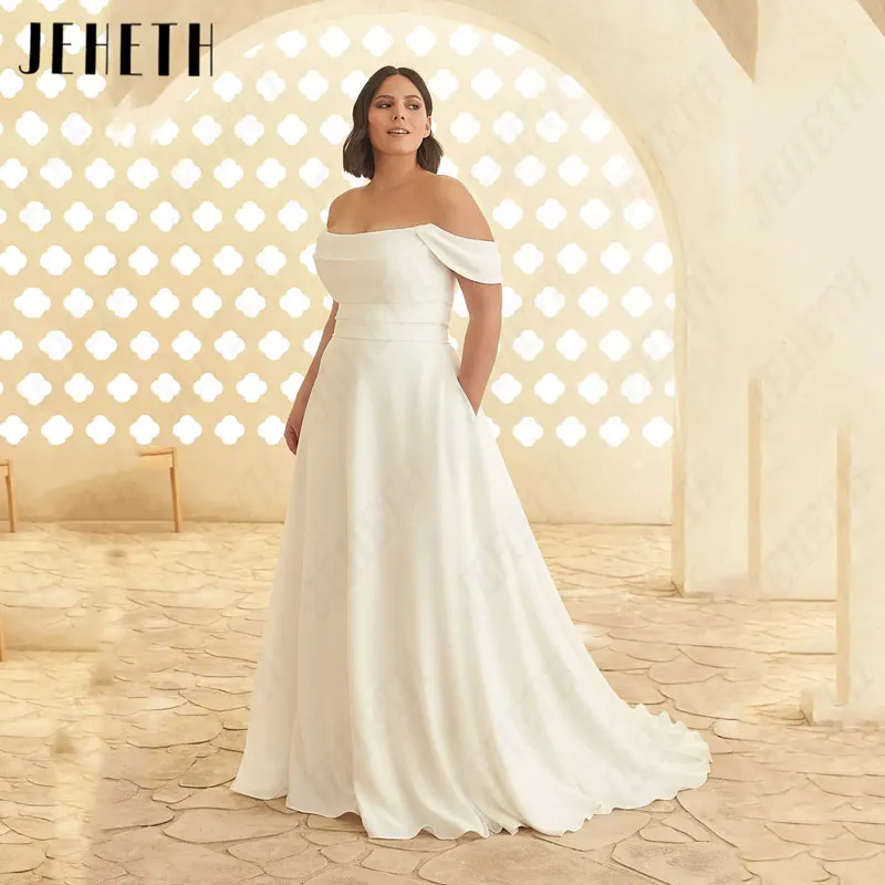 

JEHETH A-Line Satin Wedding Dresses Plus Size Off The Shoulder Boat Neck White Bridal Gowns For Woman Simple Vestido De Mariages