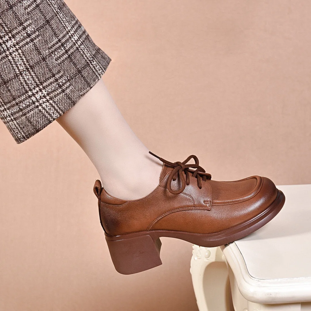 Leather shoes 2026 Spring and Autumn top layer cowhide lace up middle order shoes Le Fu shoes for women