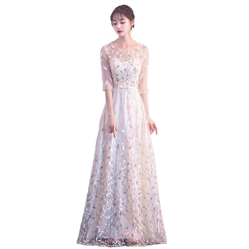 Elegant Round Sheer Neck Sequined Formal Evening Party Long Dress With Half Sleeves