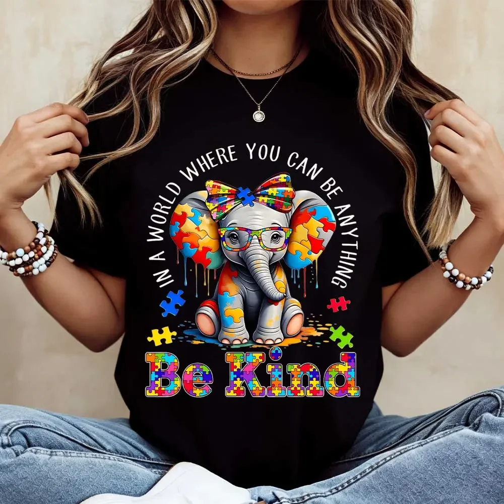 Elephant With Puzzle Pieces And Be Kind Print T Shirt Crew Neck Casual Wear For Women And Girls