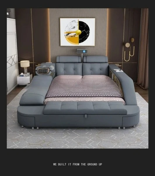 #Luxury Upholstered Smart Storage Bed Frame with Bookshelves, USB, Foldable Dresser, Drawers & Headboard Storage, All In One Bed