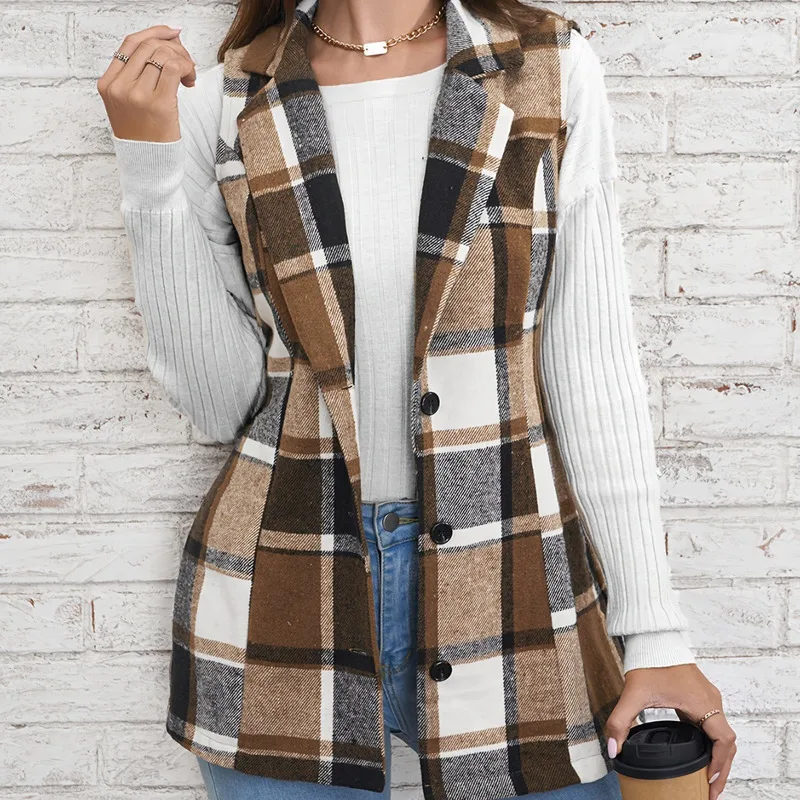 JY Spring and Autumn Women's Elegant Commuting Collar Single breasted Multi color Checkered Tank Top Coat Vest Vest