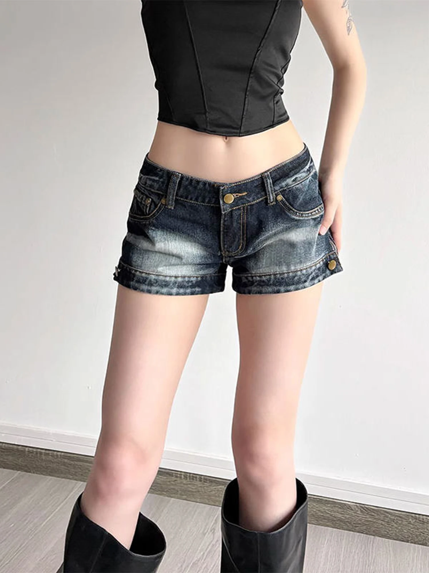 

Женские темно-синие джинсовые шорты с низкой посадкой, пляжные джинсы, шорты для ночного клуба, шорты для танцев на пилоне, 2000-е годы, Y2k Gyaru, шорты, летние шорты