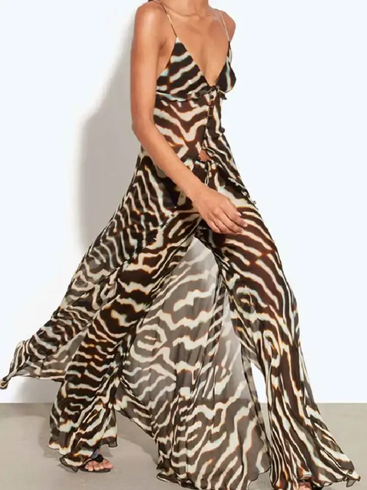 

Sexy V-neck Camisole Top and Long Pants Beach Outfit Chiffon Loose Casual Suits Stripe Printed Vacation Women's Two Piece Set