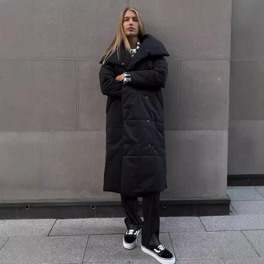 Women's New Winter Fashion Commuting Solid Color Loose Casual Warm Long Stand Collar Long Sleeve Belt Padded Jacket Thickening