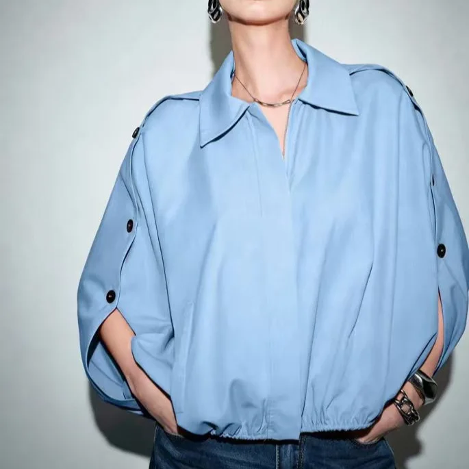 2026 New Light Blue Design Lapel Short Jacket Women's Removable Shoulder Buckle Split Bat Sleeve