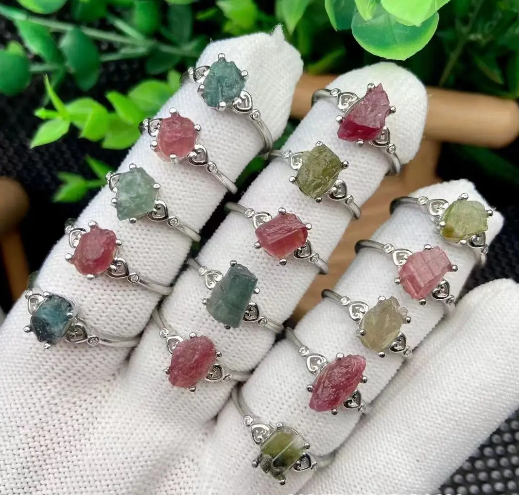 

Wholesale 10pcs/lot Natural Multi Tourmaline Raw Material Gem Ring,Semi-Precious Gemstone Jewlery Finger Rings,Adjustable