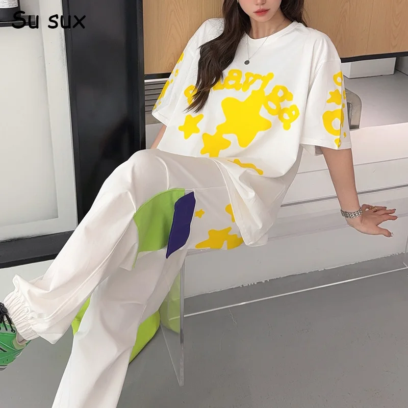 

Комплект из футболки с коротким рукавом и принтом-пентаграммой и брюк карго для женщин, летний повседневный оверсайз комплект из 2 предметов, уличная одежда 2026