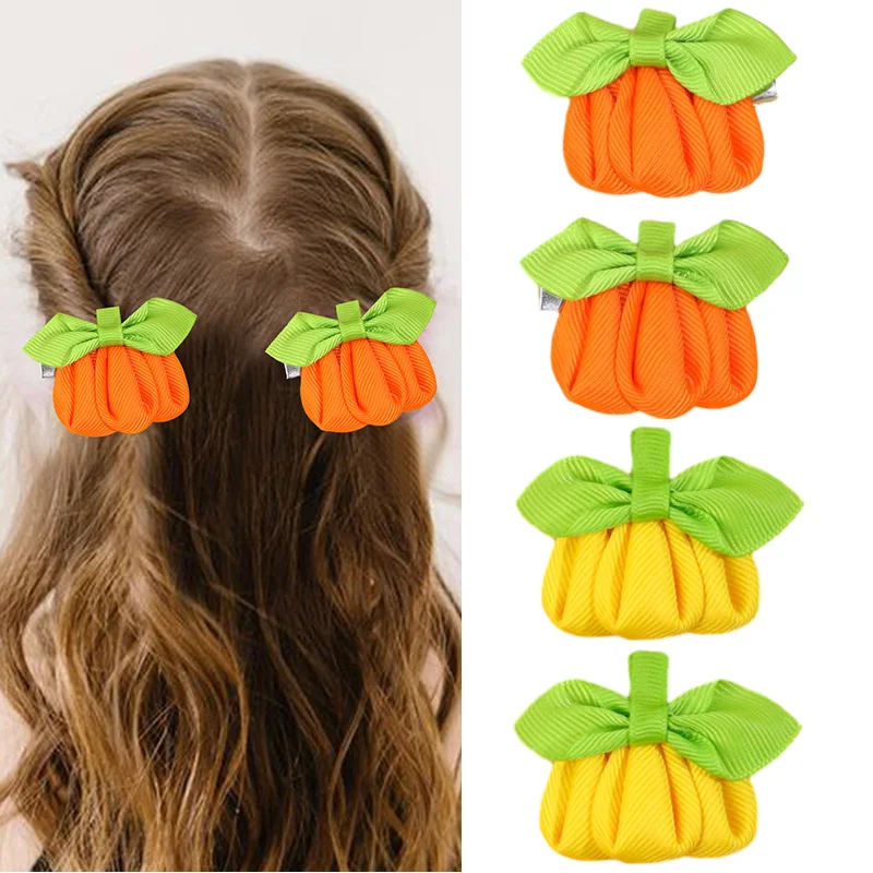 Oaoleer 2Pcs Pumpkin Hair Clip For Baby Girls Solid Grosgrain Ribbon Hair Pin Barrettes Kids Headwear Halloween Hair Accessories