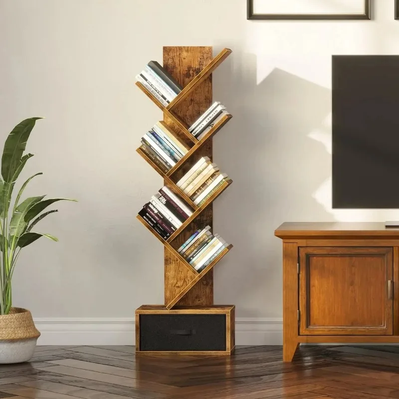 Small Modern Book Storage Rack Kids Bookcases Cabinet Traditional Reading Wooden Tree Bookshelf with Drawers