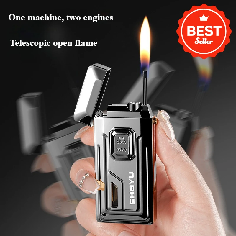 

New Retractable Open Flame Windproof Red Flame Two Flame Lighter Visible Gas Window Alloy Body Smoking Accessories