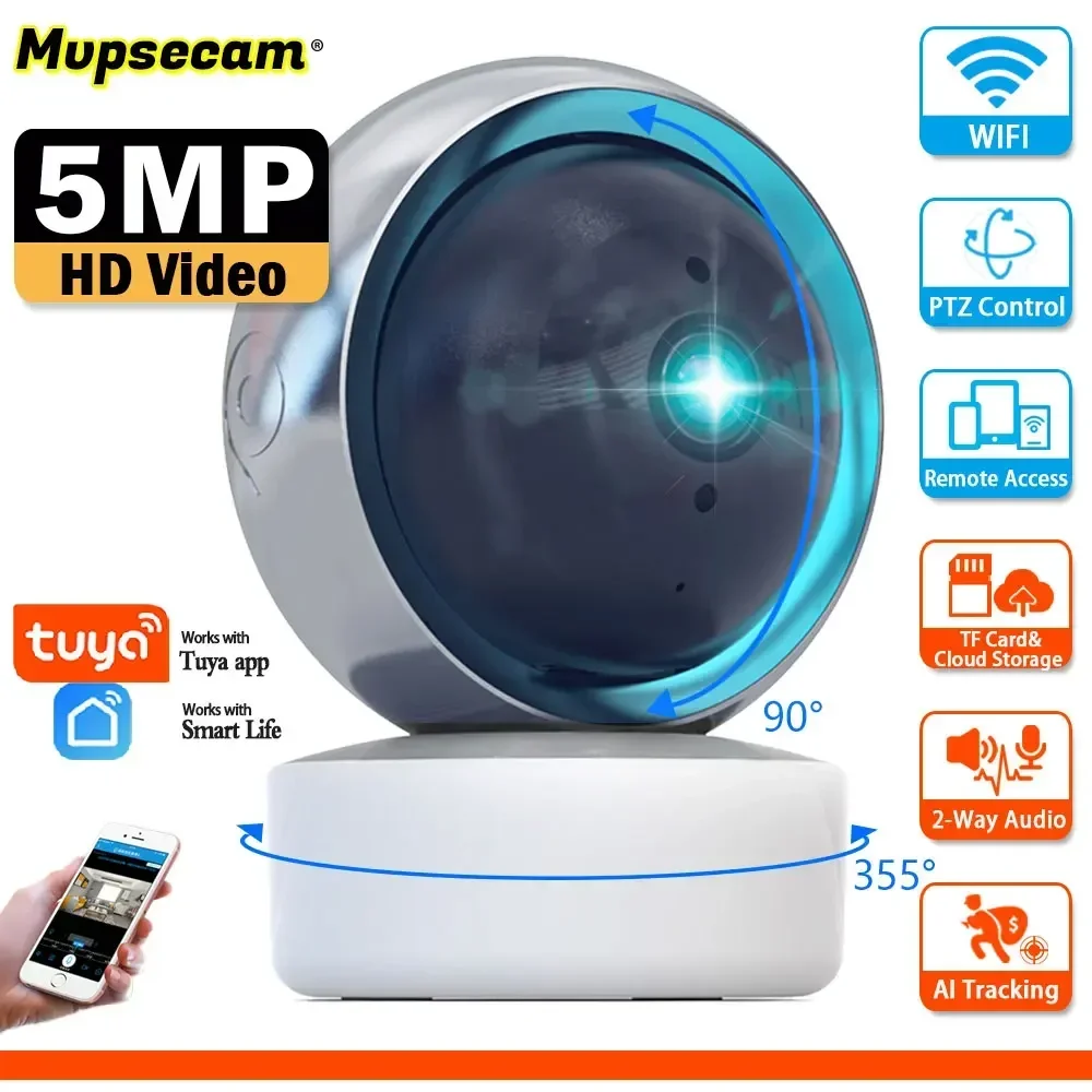 5MP Indoor Mini WIFI Camera 2-Way Audio Remote Access Smart PTZ Auto Tracking Alarm Home Baby Monitor Surveillance Camera CCTV