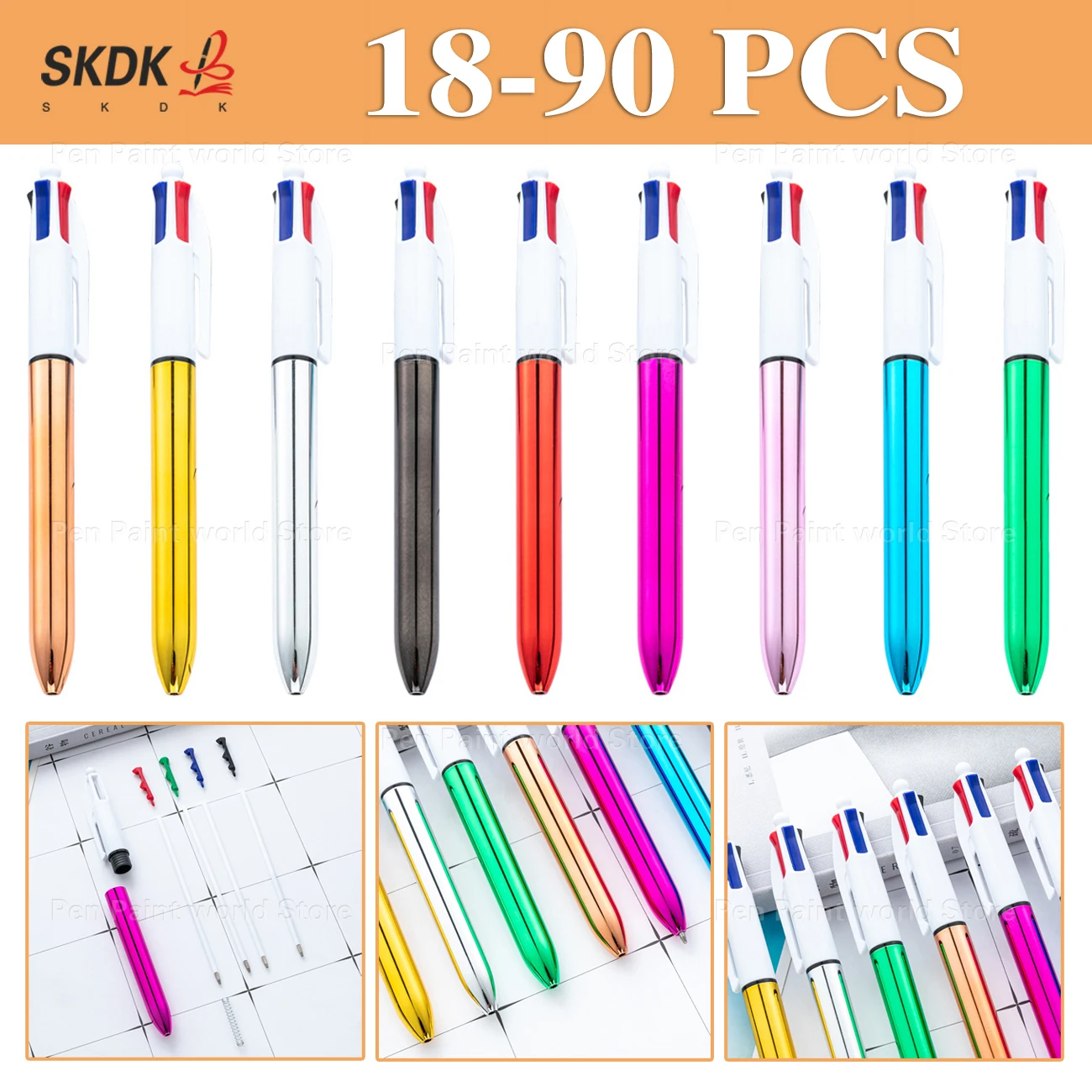 18-90 قطعة قلم حبر جاف 4 في 1 مطلي بالكهرباء |   أداة كتابة متعددة الألوان قابلة للسحب للمكتب والسفر