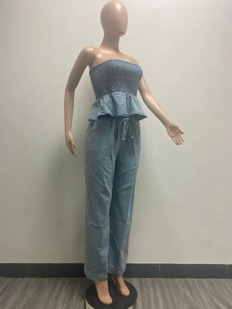 Women Fashion Denim 2 Piece Set Ruffles Hem Elastic Strapless Crop Tops + Wide Leg Pants Casual Jeans Suit Casual Streetwear