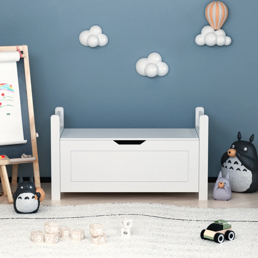 Kids Toy Box Chest, White Rubber Wood Toy Box for Boys Girls, Large Storage Cabinet with Flip-Top Lid/Safety Hinge