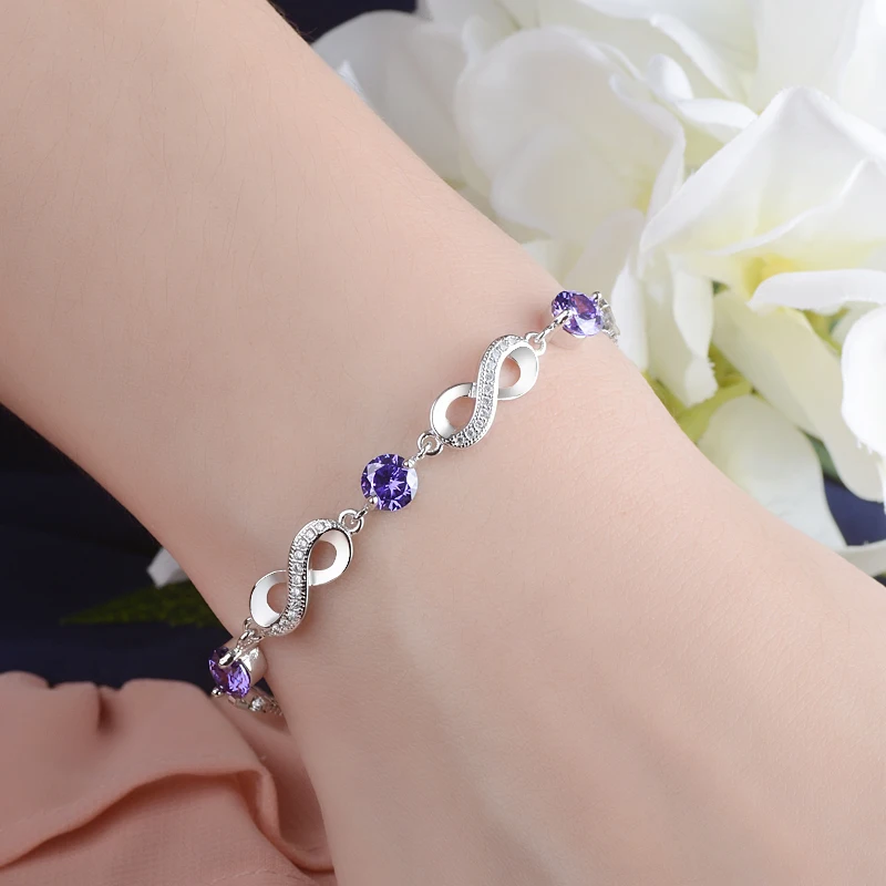 Authentic 925 Sterling Silver Endless Love Infinity Chain Link Adjustable Women Bracelet Luxury Purple Amethyst Jewelry SCB037