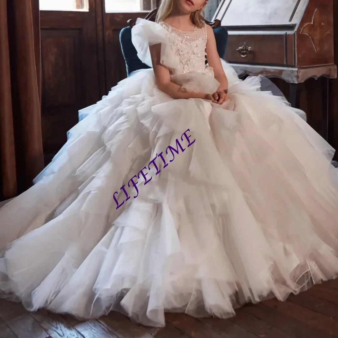 ふわふわスパンコールビーズプリンセスガウン子供のためのステージパフォーマンス豪華なレースのアップリケチュール女の子ドレスパーティー Wea カスタマイズ