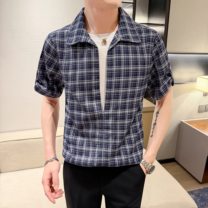 Men's Fake Two-piece Plaid Shirts Summer Casual Short-sleeved Men Pullover Shirt Fashion Business V-Neck Camisas Masculina