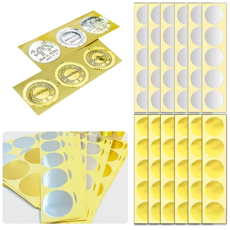 100PCS Gold Silver Embossed Seals Sticker Gear Shape Round Adhesive Label for Scrapbook Journaling Invitation Envelope Decor ZYF
