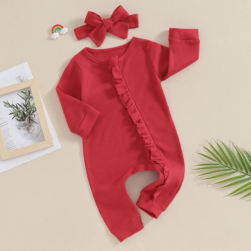 

Toddler 2-Piece Spring Ensemble featuring Long Sleeve Ruffle Jumpsuit with Zipper Closure and Matching Headband - Adorable