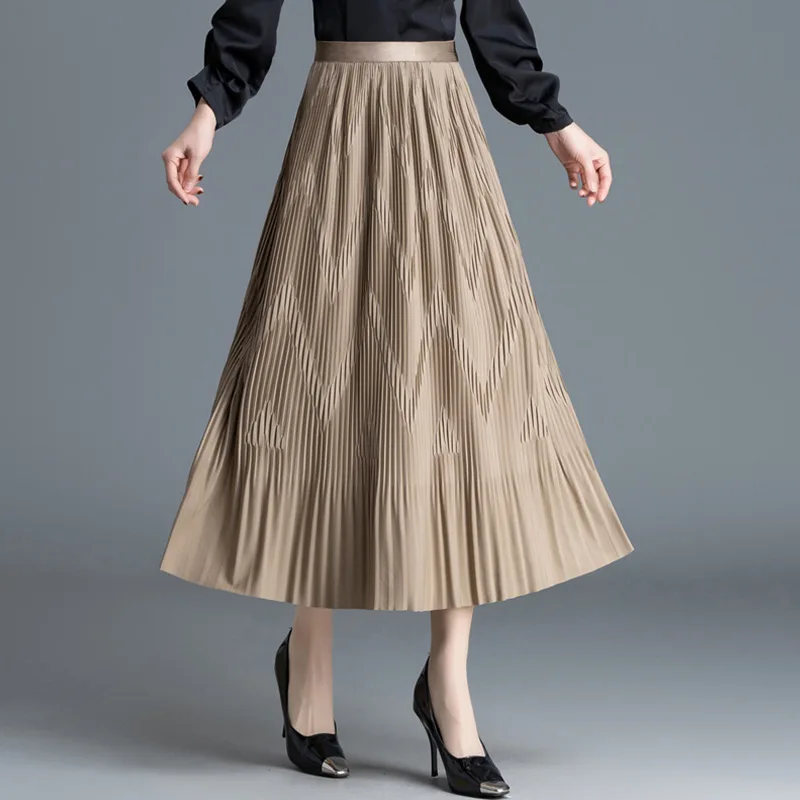 

Spring Summer New Elastic High Waisted Large Swing Skirt Women Elegant Korean Stle Slim Long Crafted Pleated Skirt Lady 8515