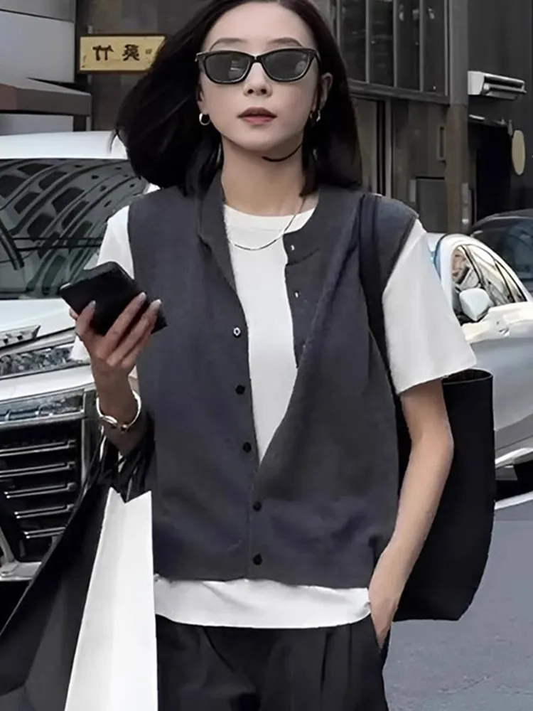 

Korean Sle Faionable Svel Knitted Vest Casual Pure Color Slimming Retro New Arrival Small irt Button up Cardigan