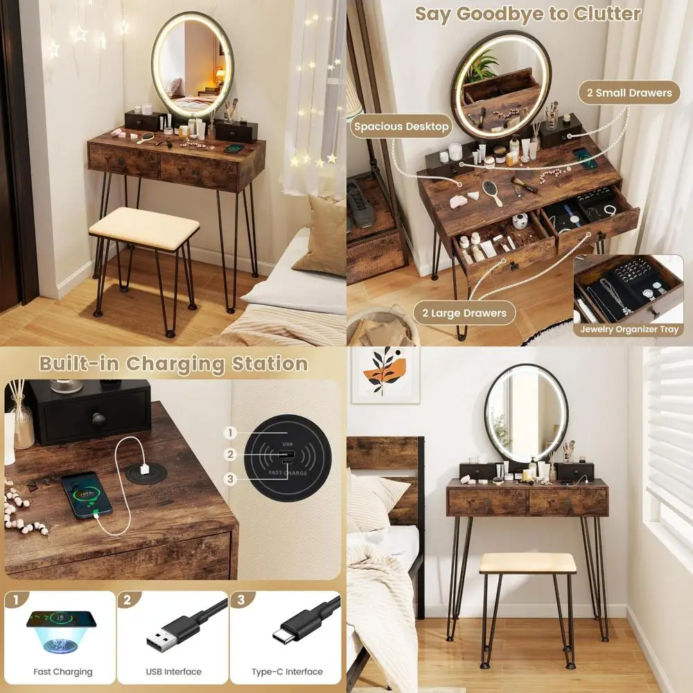 penteadeira de maquiagem iluminada com 4 gavetas e espelho de 3 cores