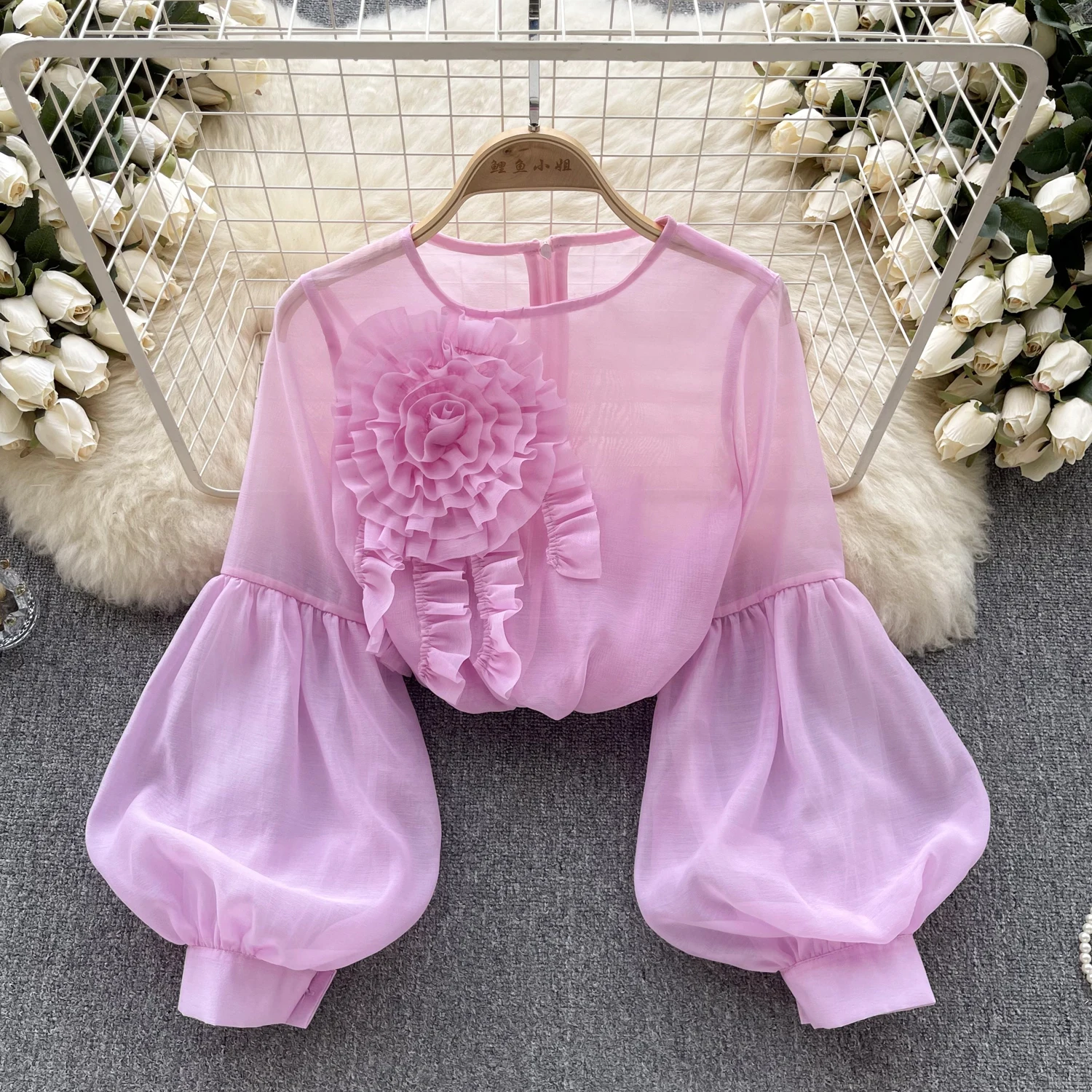 ALPHALMODA Retro Palace Style Bubble Long Sleeve Shirt Women Summer 3D Flower Trendy Transparent Shirt Top