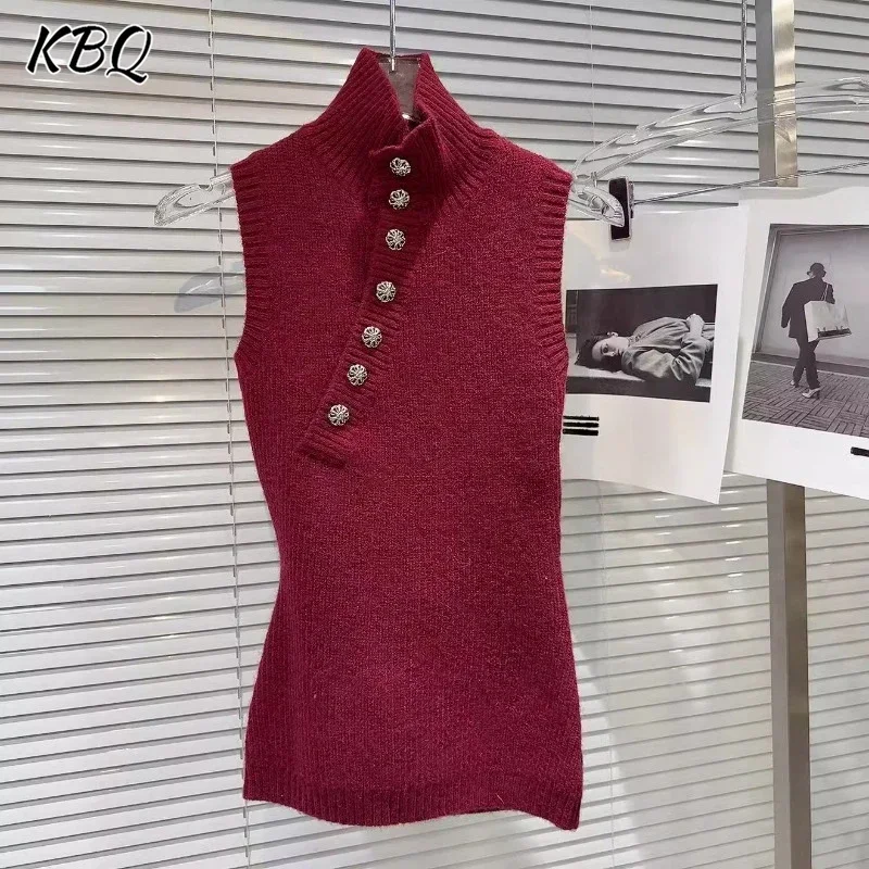 

KBQ Solid Spliced Button Slimming Pullover Seater For Women Turtleneck Sleeveless Temperament Chic Knitting Sweater Female New