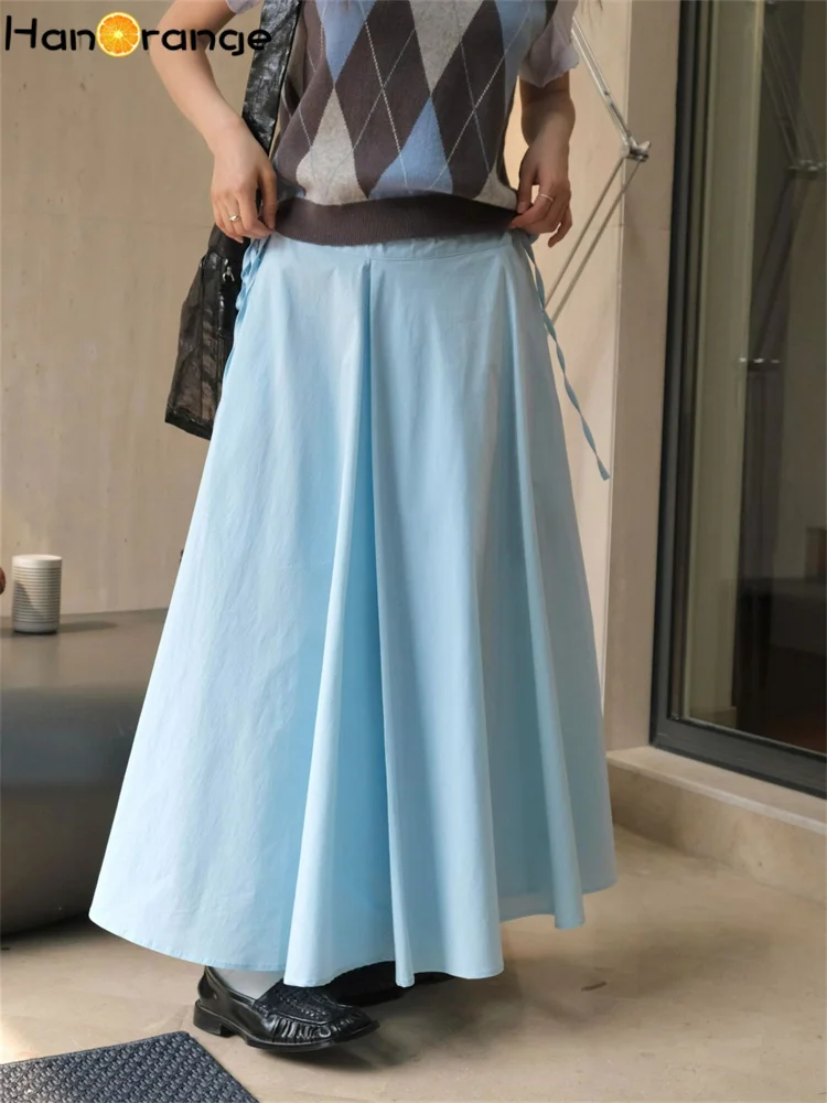 

HanOrange 2024 Autumn Tie Up Waist Wrapped Skirt A-line Umbrella Long Skirt White/Blue