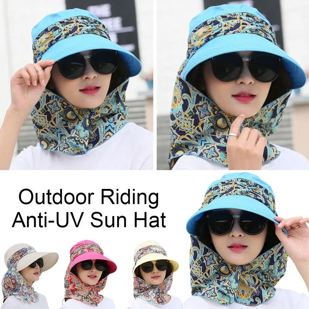 

Women Summer Outdoor Riding Anti-UV Sun Hat Beach Foldable Sunscreen Floral Print Caps Neck Face Wide Brim Hat