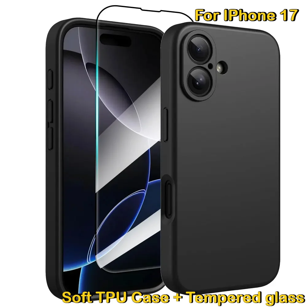 2-in-1 Handyhülle für iPhone 17 16 15 14 Plus 13 Pro Max Air mit 9H HD Displayschutzfolie aus Glas und stoßfester Silikonhülle