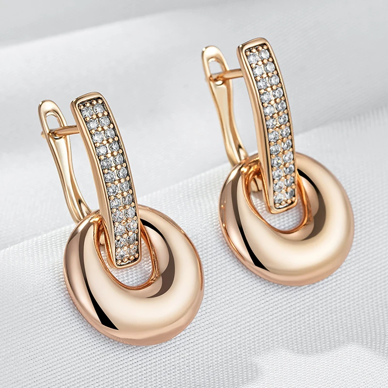 Wbmqda Fashion Glossy Hoop Drop Earrings For Women 585 Rose Gold Color With White Natural Zircon Elegant French Fine Jewelry