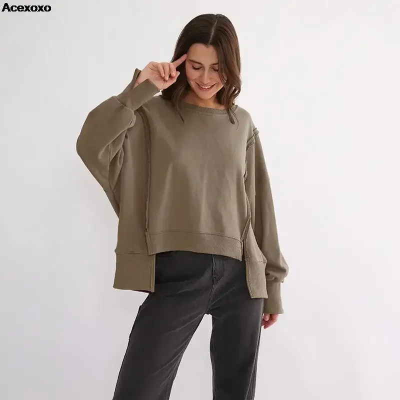 

2023 autumn new women's fashion casual solid color fleece round neck irregular long sleeve hoodie