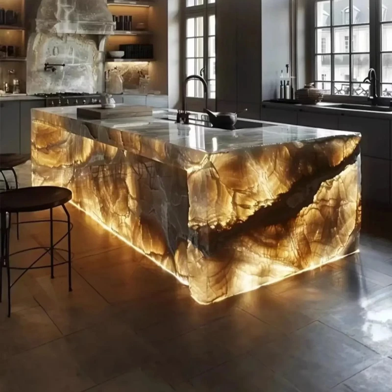 Leuchtender Jade-Inselmarmor, heller Luxus, High-End-Kunst, einfacher integrierter Esstisch